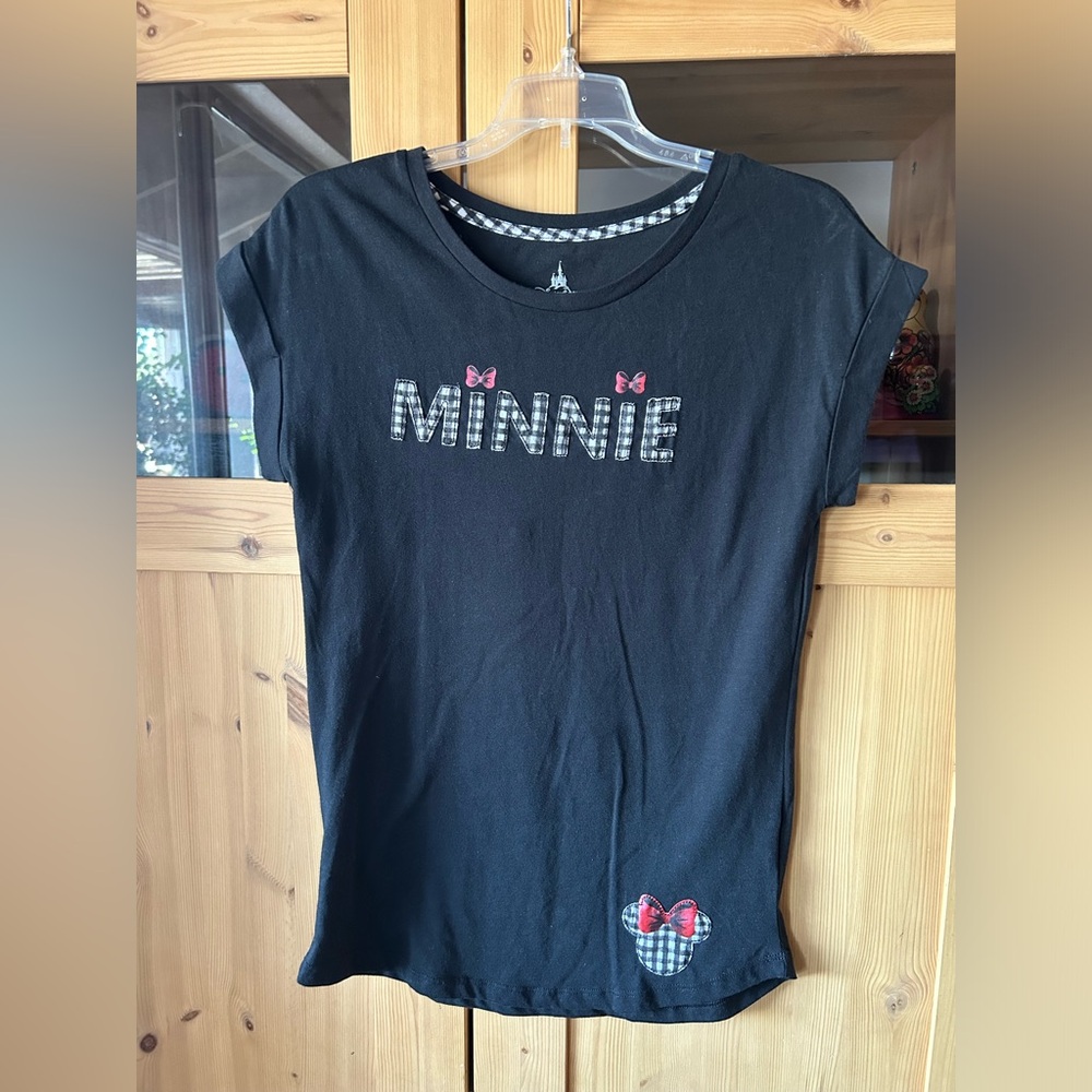 Disney Parks Minnie Mouse Bow Women’s Small Tee Cap Sleeve Black Shirt